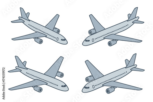 Four isometric passenger aircraft icons representing global travel and transportation