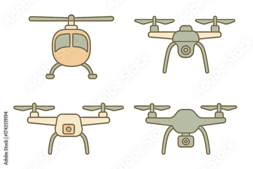 Modern aerial transportation icons featuring helicopter and quadcopter drones