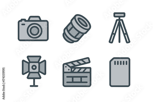 Essential photography and filmmaking equipment symbols camera lens tripod and clapperboard