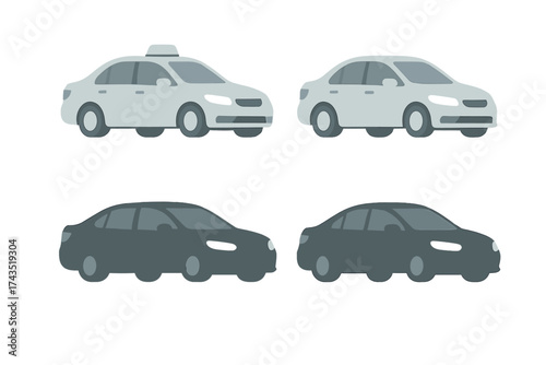 Collection of modern sedan cars and taxi vehicle in light and dark gray colors