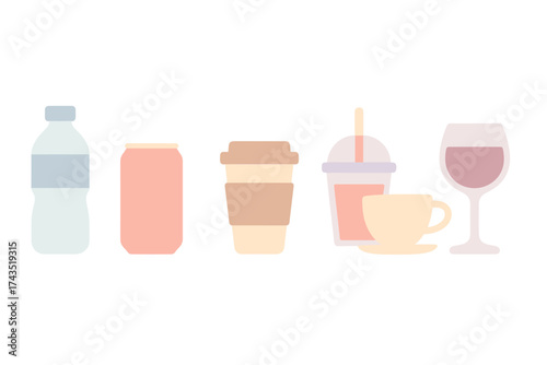 Set of common drink containers including water bottle, soda can, coffee cup, and wine glass