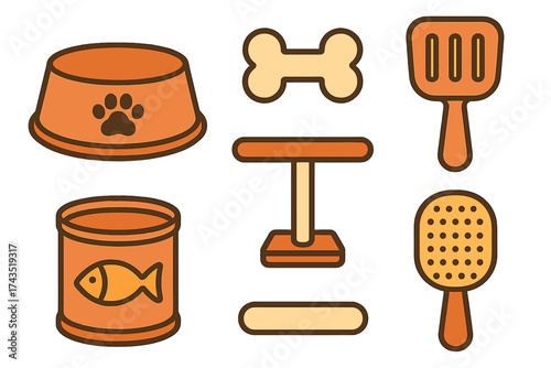 Colorful assortment of essential pet accessories including food bowls toys and grooming tools