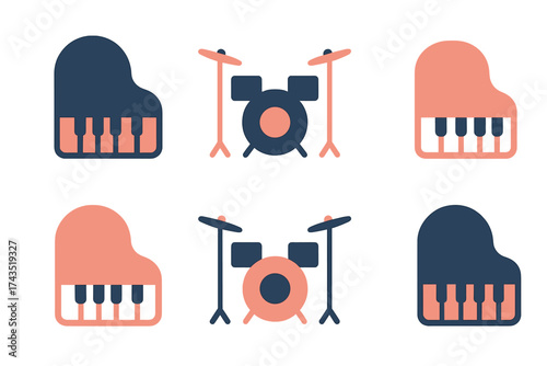 Minimalist set of musical instrument symbols featuring grand pianos and drum kits