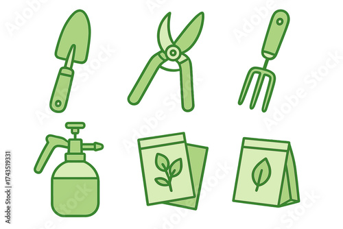 Essential gardening equipment set featuring shovel, shears, hand fork, sprayer, and seed packets