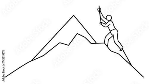 Minimalist line art of a mountain climber reaching summit