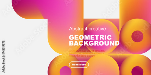 Vibrant abstract shapes overlap black background. Text promotes geometric design, includes read more button. Modern, colorful composition.
