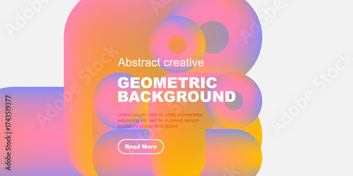 Vibrant abstract shapes overlap, creating colorful geometric background. Text promotes further exploration. Modern design elements present.