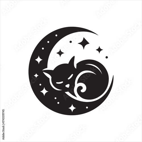 Serene Black Cat Sleeping Peacefully Within Crescent Moon and Stars.