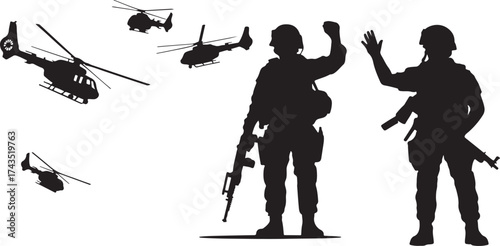 Silhouette soldiers and helicopters in dramatic military scene