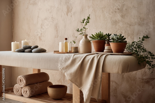 A tranquil spa setting with a massage table adorned with calming elements, ready for relaxation.