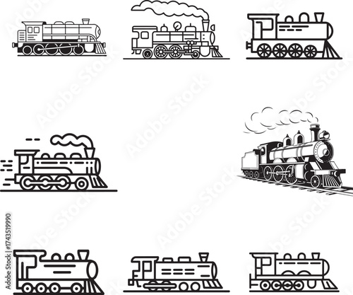 Collection of stylized vintage steam locomotive illustrations
