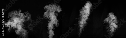 A set of 4 different steam, smoke, gas isolated on a black background. Swirling, writhing smoke to overlay on your photos. Smoky banner