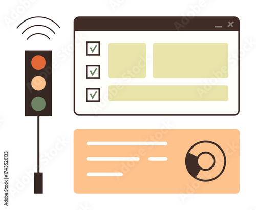Minimal traffic light with wireless signal, browser window displaying checklist, pie chart with text panel. Ideal for productivity, task management, monitoring, organization, efficiency, analytics