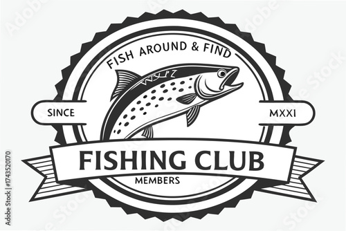 Vintage fishing club emblem design with classic elements and bold typography