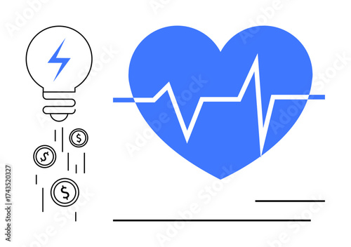 Heart shape with ECG line symbolizes health. Lightbulb drops coins representing investment or innovation. Ideal for health, finance, innovation, wellness, energy, efficiency funding. Simple flat