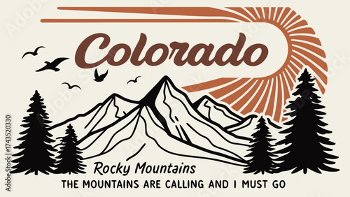Vintage style graphic design featuring a rocky mountain landscape with retro color palette and classic typography