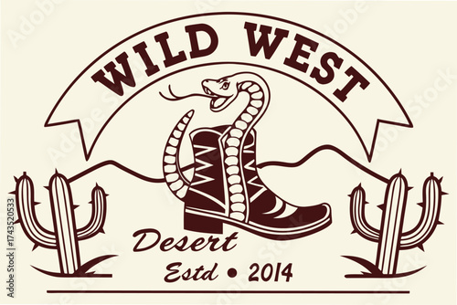 Stylized wild west emblem featuring a cowboy silhouette and western elements