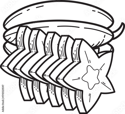 Starfruit slices and whole carambola fruit line art illustration. Black and white outline drawing of tropical food.
