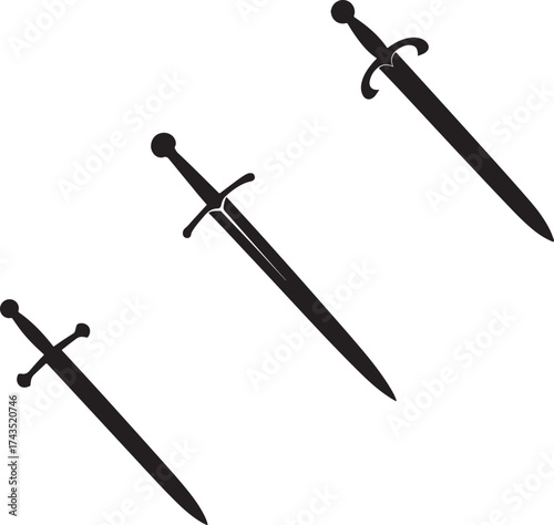 Three silhouetted swords arranged diagonally on white background