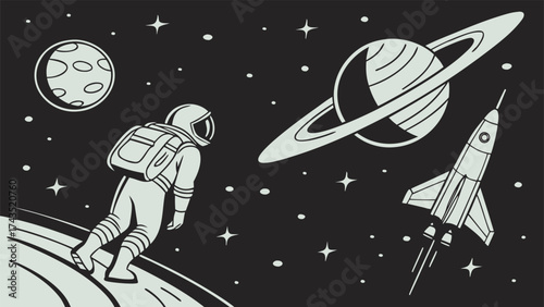 Retro inspired cosmic journey design with vibrant colors and futuristic elements