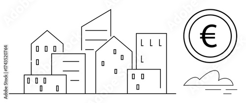 Stylized cityscape featuring modern buildings next to a Euro coin and cloud. Ideal for real estate, urban planning, finance, economy, sustainability, investment, infrastructure themes. Simple flat