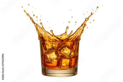 Whiskey splash in a glass with ice cubes, amber liquid creating dynamic drops and a lively crown effect
