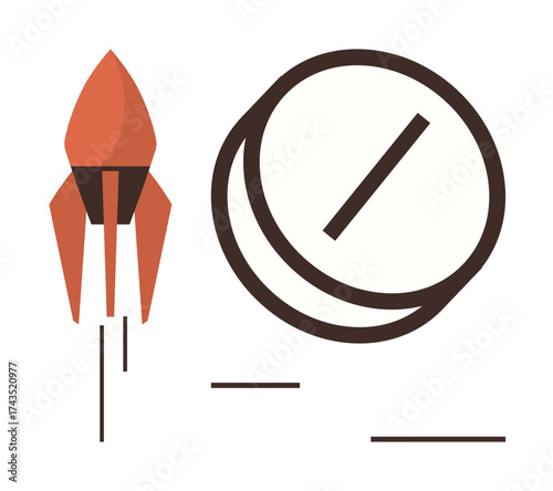 Minimalist rocket taking off next to a speedometer, symbolizing advancement, time efficiency, innovation, exploration, success, vision, and startup growth in a simple flat metaphor