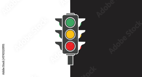 Clean vector graphic of a traffic light displaying red, yellow, and green signals, centered on a contrasting black and white background, symbolizing urban regulation, control, and choices