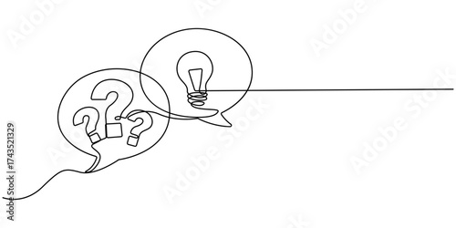 Quick tips, Continuous one line drawing of question mark and speech bubble, Quick tips concept in one line, Hand-drawn vector with light bulb, question mark, and speech bubbles,.