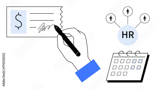 Hand signing paycheck, HR node linking employees, calendar representing scheduling. Ideal for payroll, HR management, employee benefits, recruitment, time management, financial planning simple flat