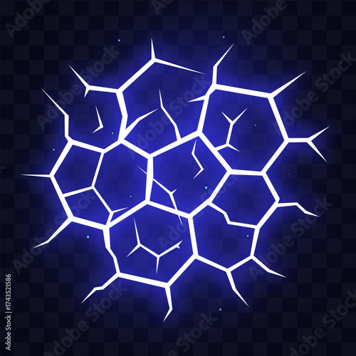 Manga thunder effect outlines comic power background where energy manga crack expands hexagon. Manga thunder fracture spark creates glowing electric network burst in abstract lightning grid.
