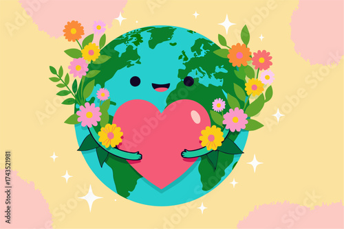 Cheerful Earth hugging heart with flowers and pastel background