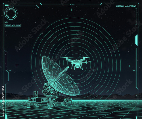wireframe radar dish tracks a target drone (UAV) in the airspace on a digital monitoring interface with concentric signal rings