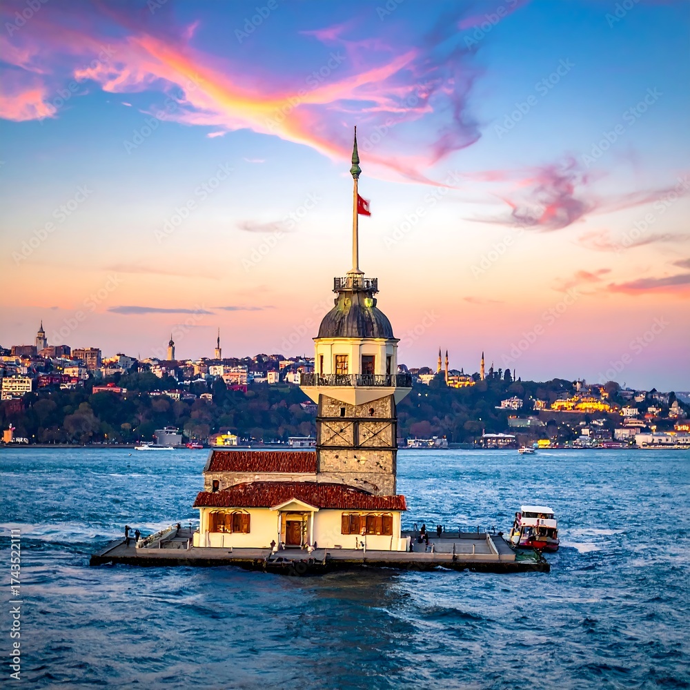 Fototapeta premium Tower in water against city skyline and sunset