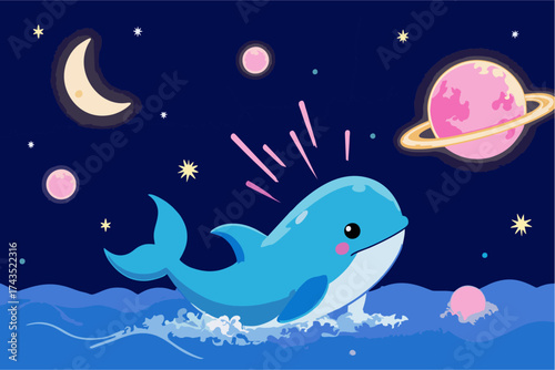Whimsical whale soaring through cosmic ocean with planets