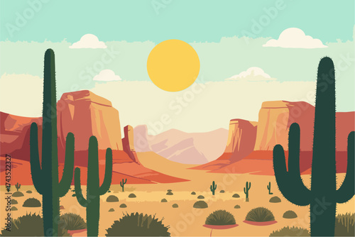 Serene desert landscape with cacti and pastel sky