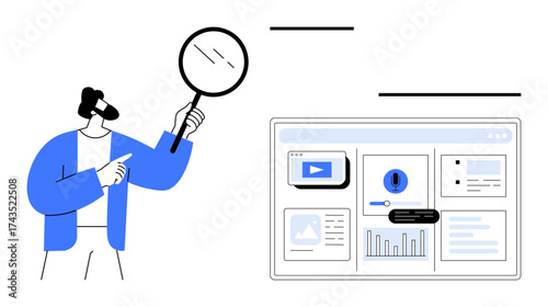 Person holding magnifying glass inspecting screens with charts, thumbnails, and search elements. Ideal for analysis, research, investigation, studying, optimization, data management transparency