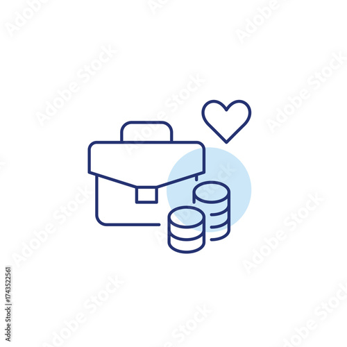 Briefcase, stack of coins and heart. Employee care, trusted partnership. Favorite assets in portfolio. Pixel perfect, editable stroke vector icon