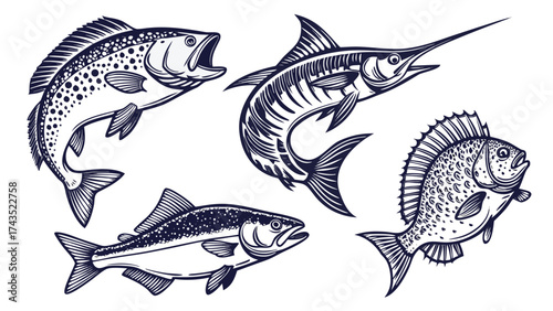 A vibrant collection of diverse aquatic life showcasing various fish species in a detailed artistic illustration