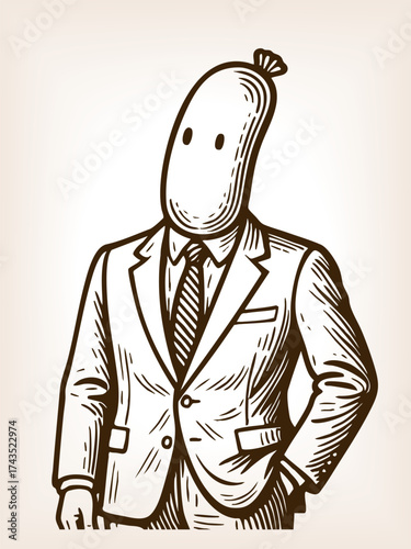 person with a sausage-shaped head wearing a formal suit, blending comedy with surreal design sketch engraving generative ai fictional character vector illustration. Scratch board. Black and white.