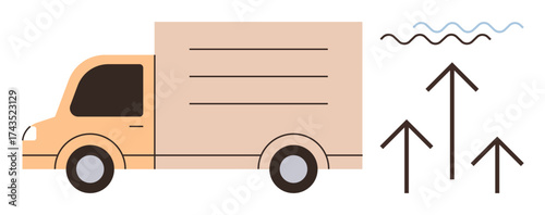 Delivery truck driving forward, paired with arrows symbolizing growth and progress, and wave graphics suggesting movement and connectivity. Ideal for logistics, business growth, shipping, progress