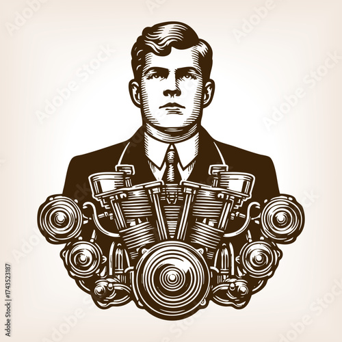 man in a suit with a large mechanical engine integrated into his chest, surreal steampunk artwork sketch engraving generative ai fictional character vector illustration. Scratch board. Black and white