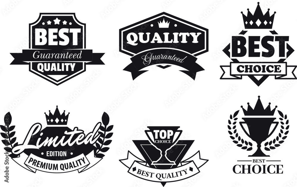 Naklejka premium Set of black quality sign stickers, with laurel leaves, ribbons, crown, cup, stars.