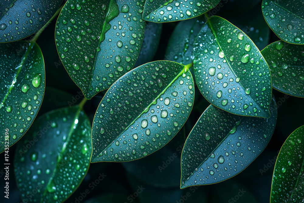 Fototapeta premium Close up of vibrant green leaves covered in water droplets after a refreshing rain shower outdoors