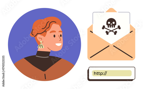 Portrait of a person next to an envelope with a skull, crossbones, and phishing link. Ideal for cybersecurity, phishing awareness, internet risks, scam prevention, identity theft, online dangers