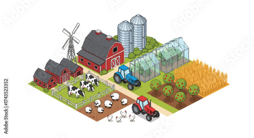Isometric Farm Red Barn Tractor wheat field orchard Cows