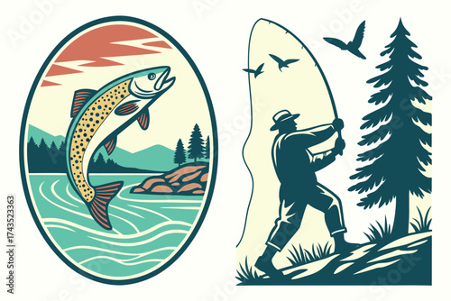 Dynamic fly fishing scenes angler casting line in river with fish jumping