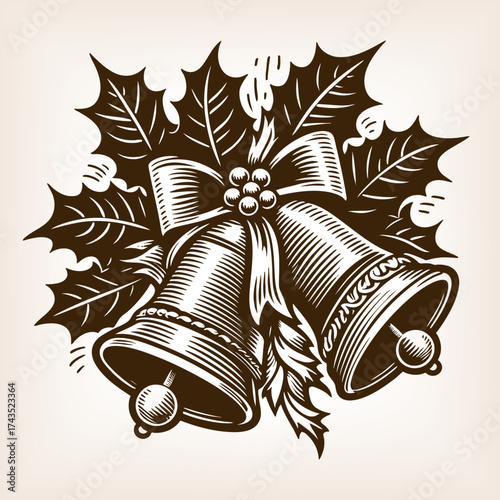 festive Christmas bells decorated with holly leaves, berries, and ribbon, symbolizing holiday cheer and celebration sketch engraving generative ai vector illustration. Scratch board. Black and white.