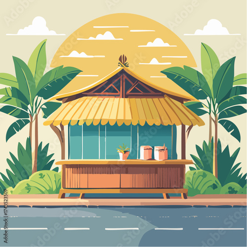 Illustration of a tropical kiosk with a thatched roof and lush greenery.