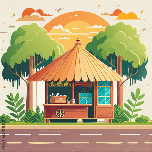 Illustration of a small shop with a thatched roof and trees.